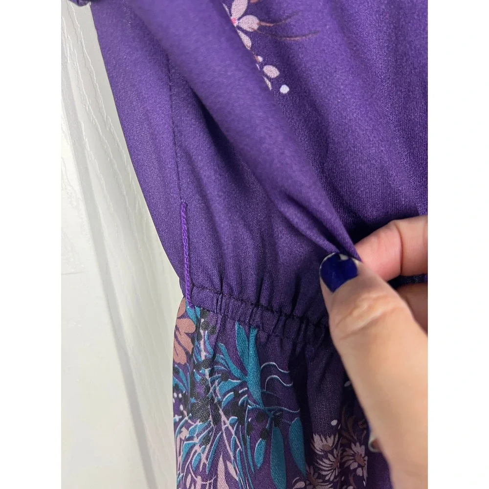 Floral Faux Wrap Midi‎ Dress Cottagecore Boho Romantic Purple Chiffon Small 4/6